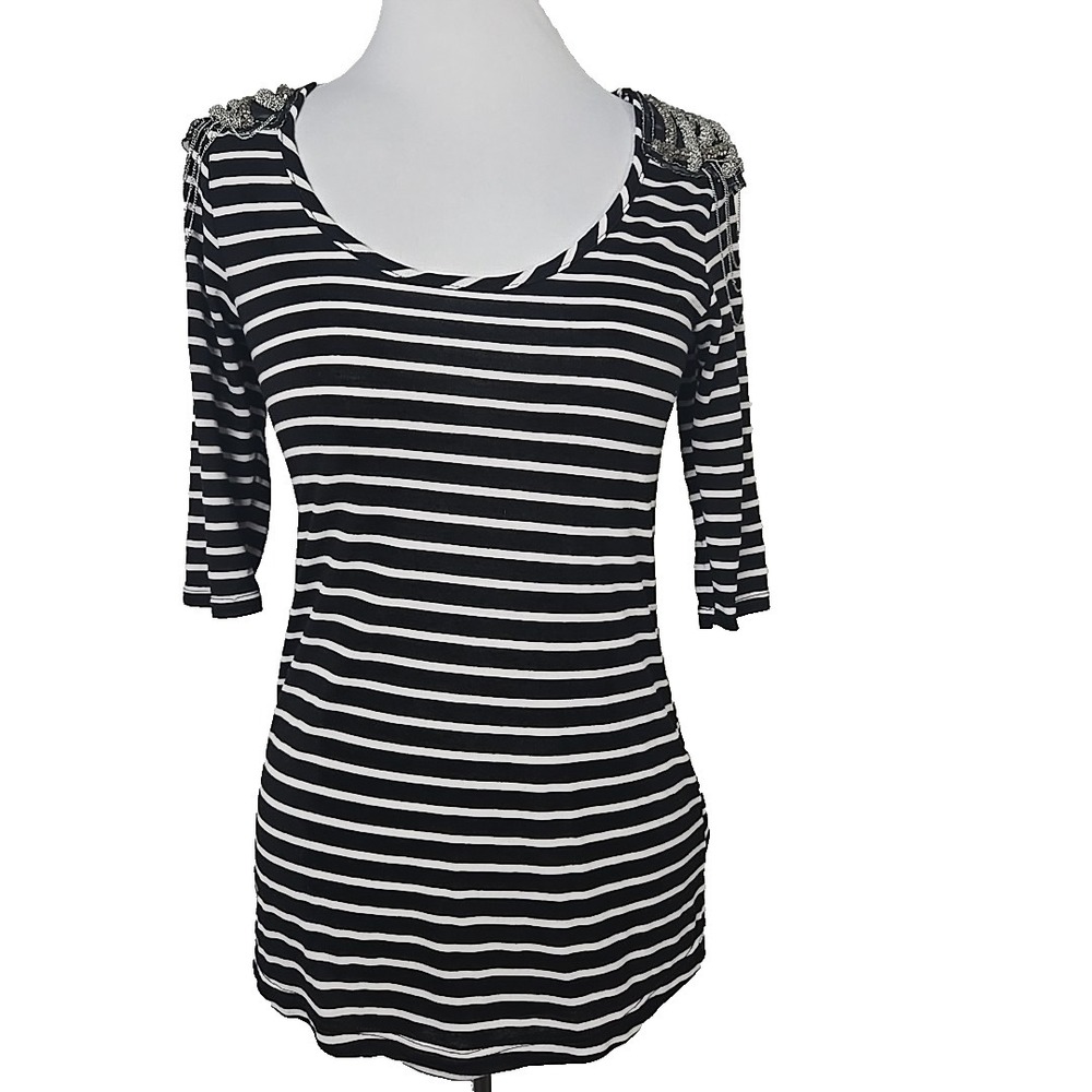 Romeo & Juliet Couture Black White Striped Embellished Shoulder Top Small New